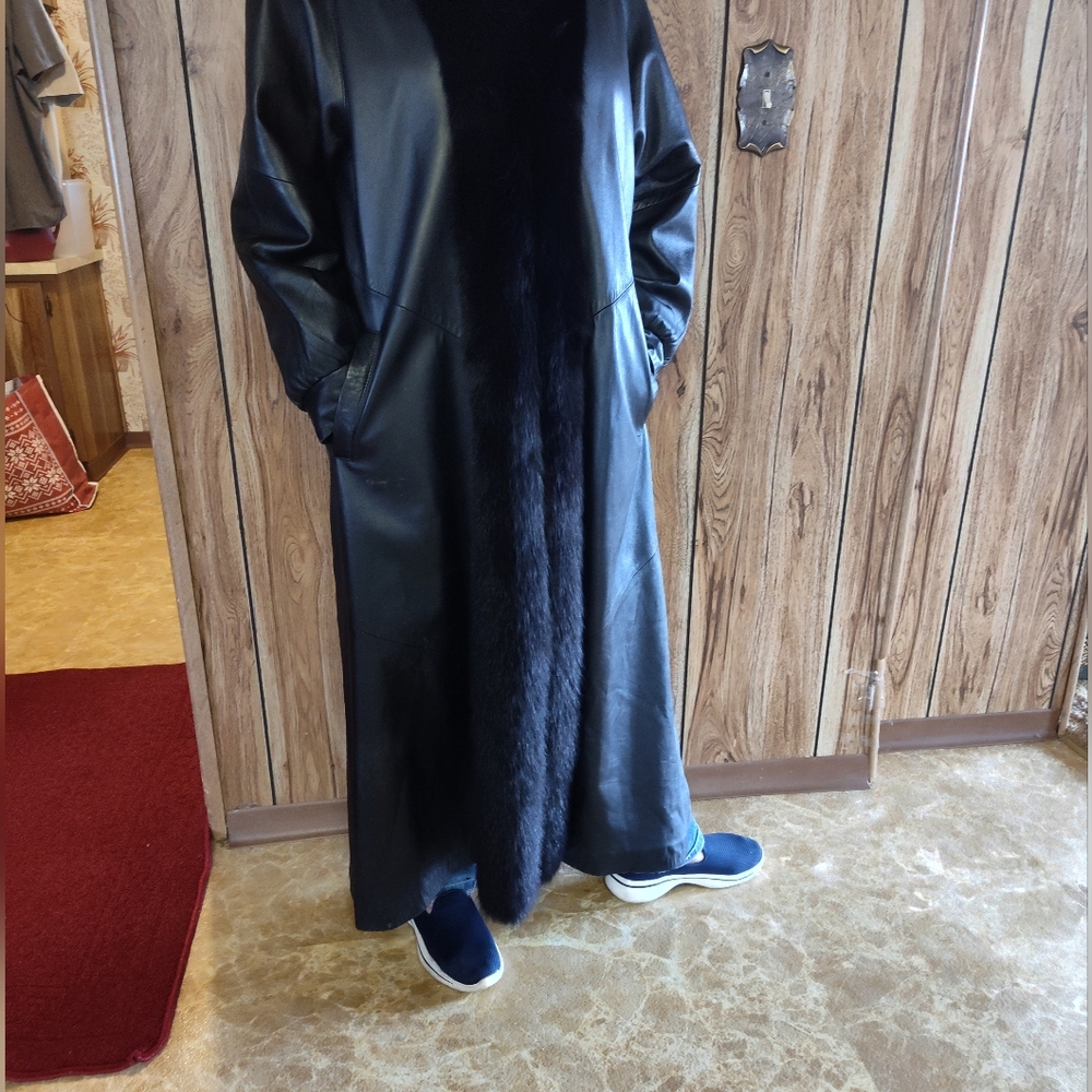Full length fox trim leather coat